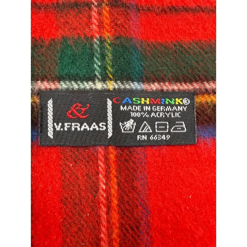 V. Fraas Cashmink Red Tartan Plaid Fringe Scarf Made in Germany 66 x 15.5